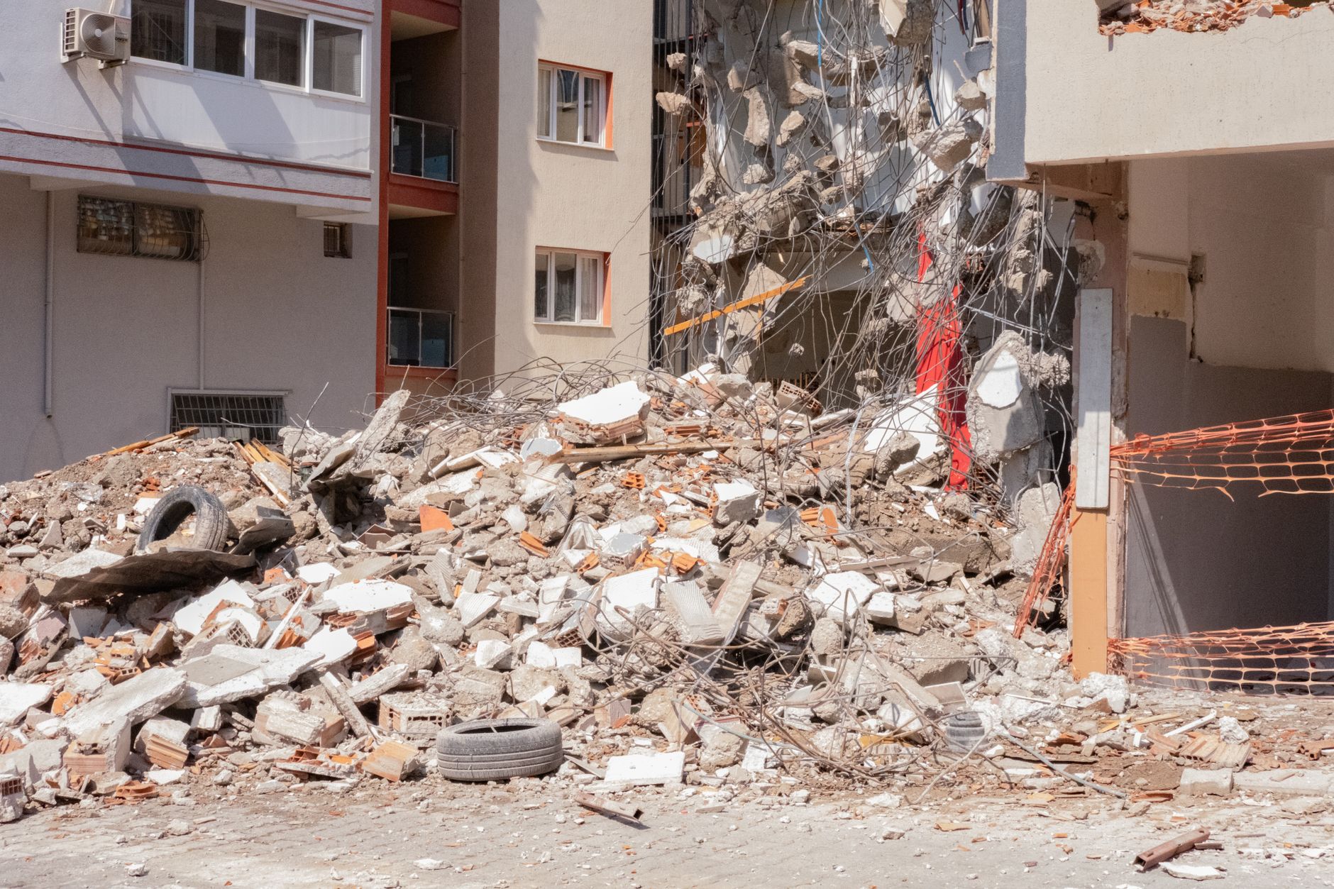 Pile of debris and rubble after a building demolition